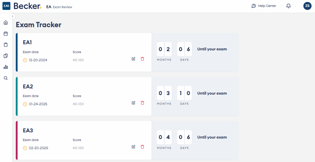 Becker EA exam tracker