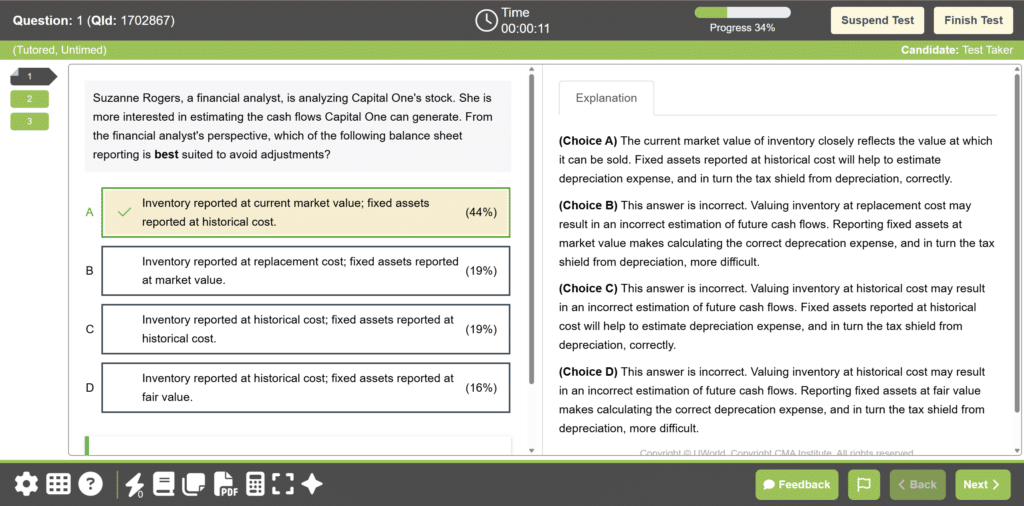 UWorld CMA offers detailed answer explanations, with breakdowns for each of the four choices. The platform also shows which percentage of students chose each answer.