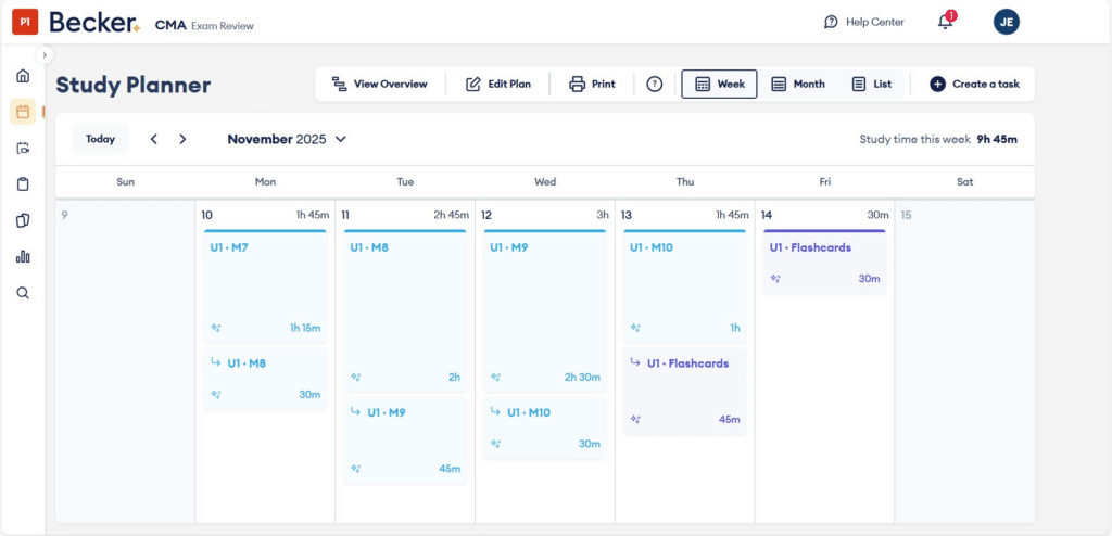 The Becker CMA study planner includes time estimates for units and modules, as well as suggestions for extra practice with flashcards.