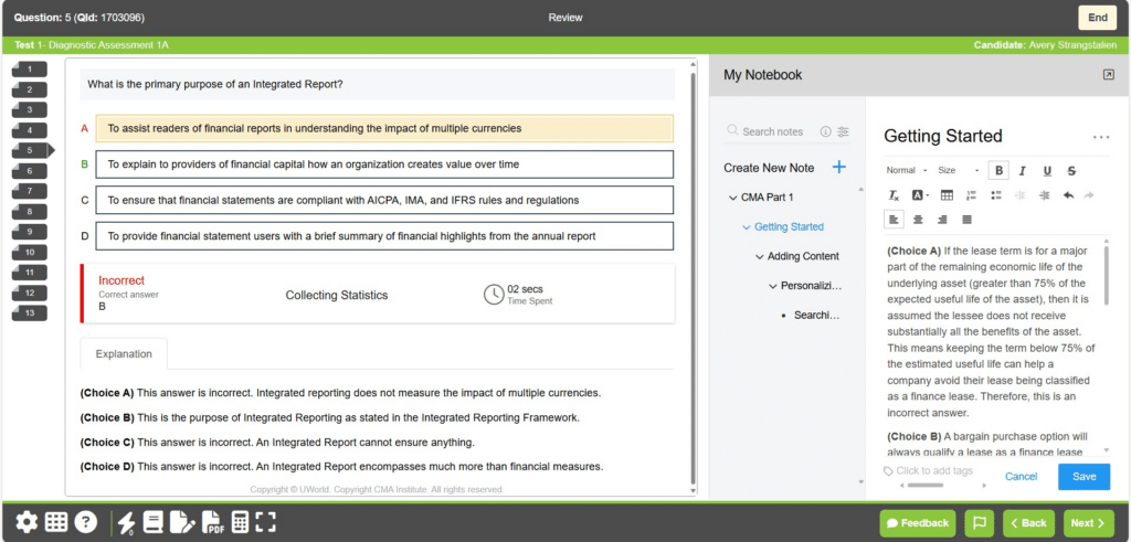 UWorld CMA mock exams mimic the format of the actual exam, including answer explanations and tracking time spent per question.